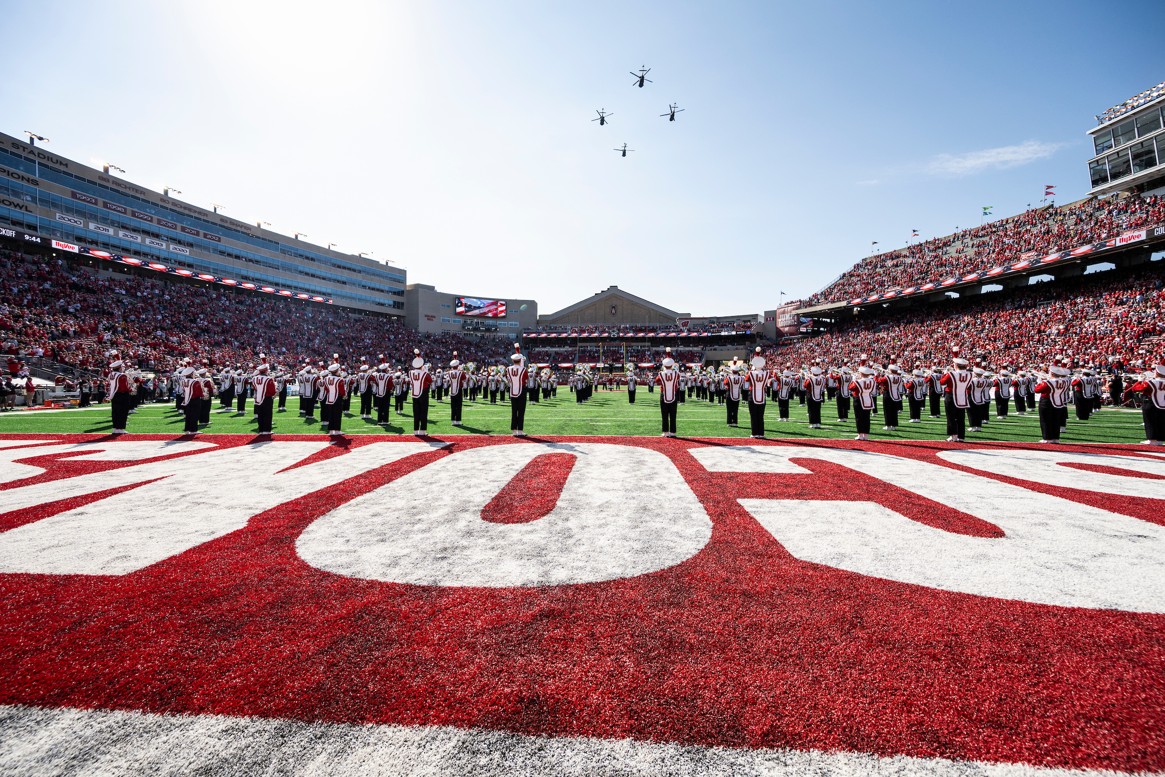 The Wisconsin marching band performs at Camp Randall Stadium