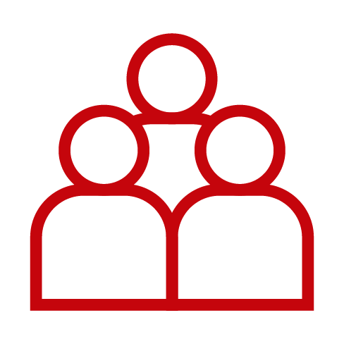 Red line drawing of a group of three people